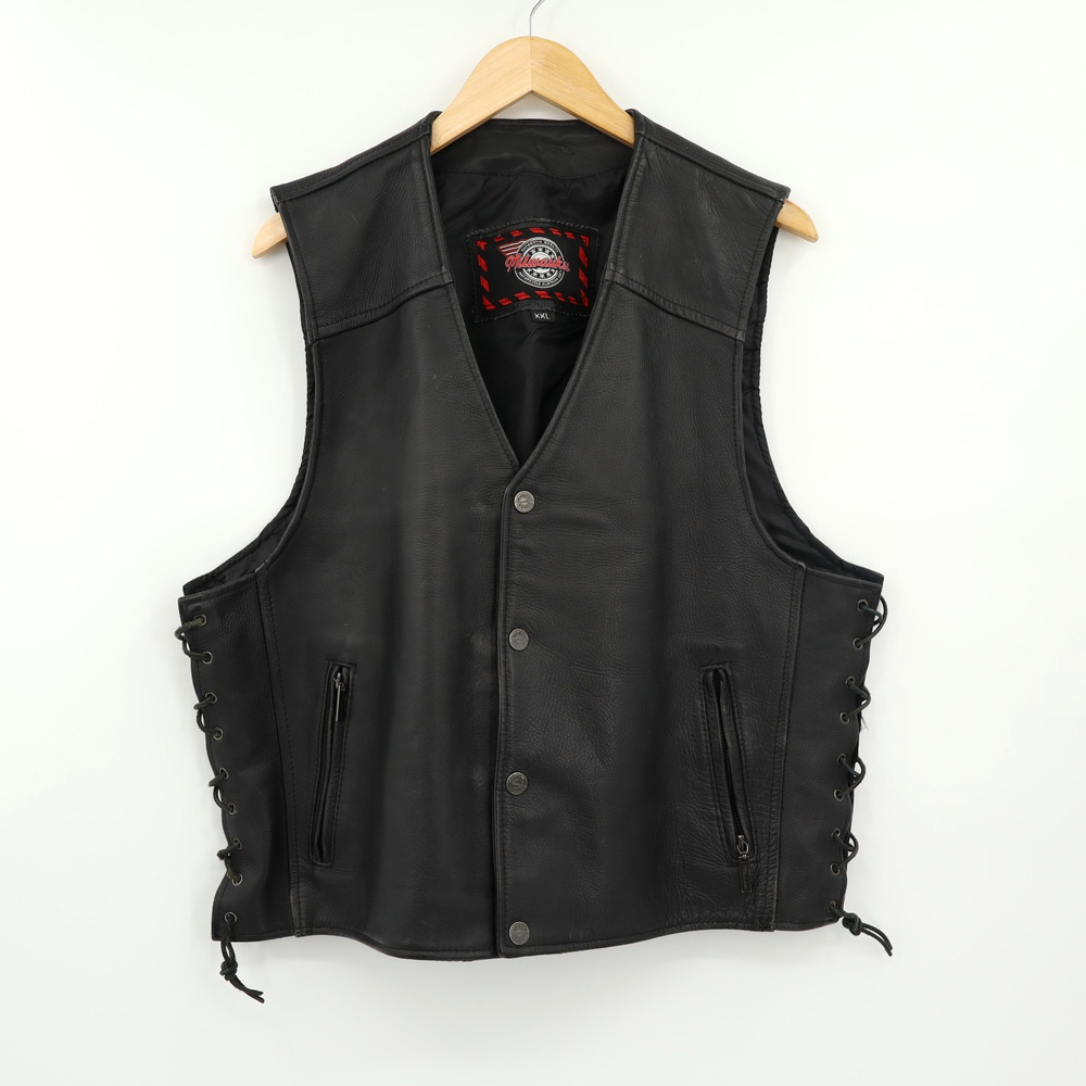 Milwaukee Men's Leather 4 Snap Zipper Pockets Lace Sides Moto Vest Sz 2XL